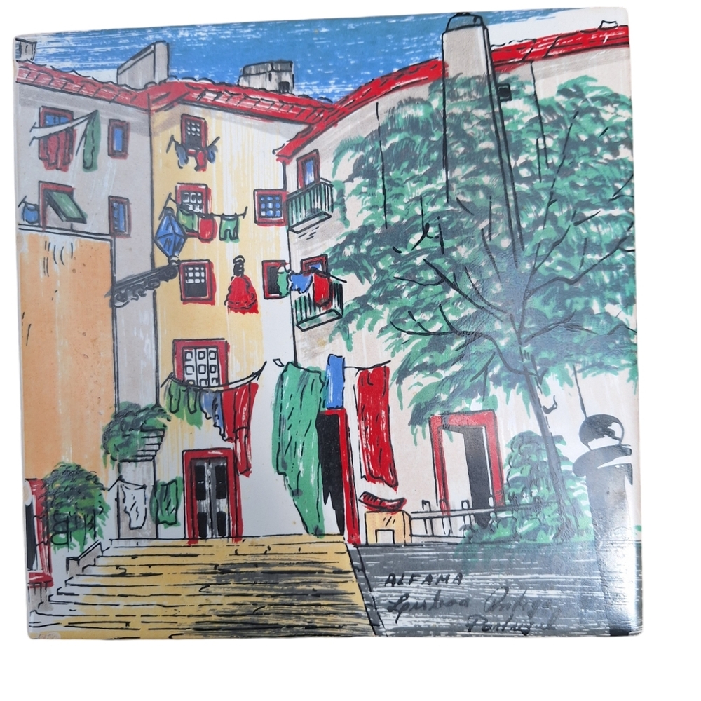 Vintage Lisboa Alfama Hand Painted Trivet Tile Street Scene Made In Portugal